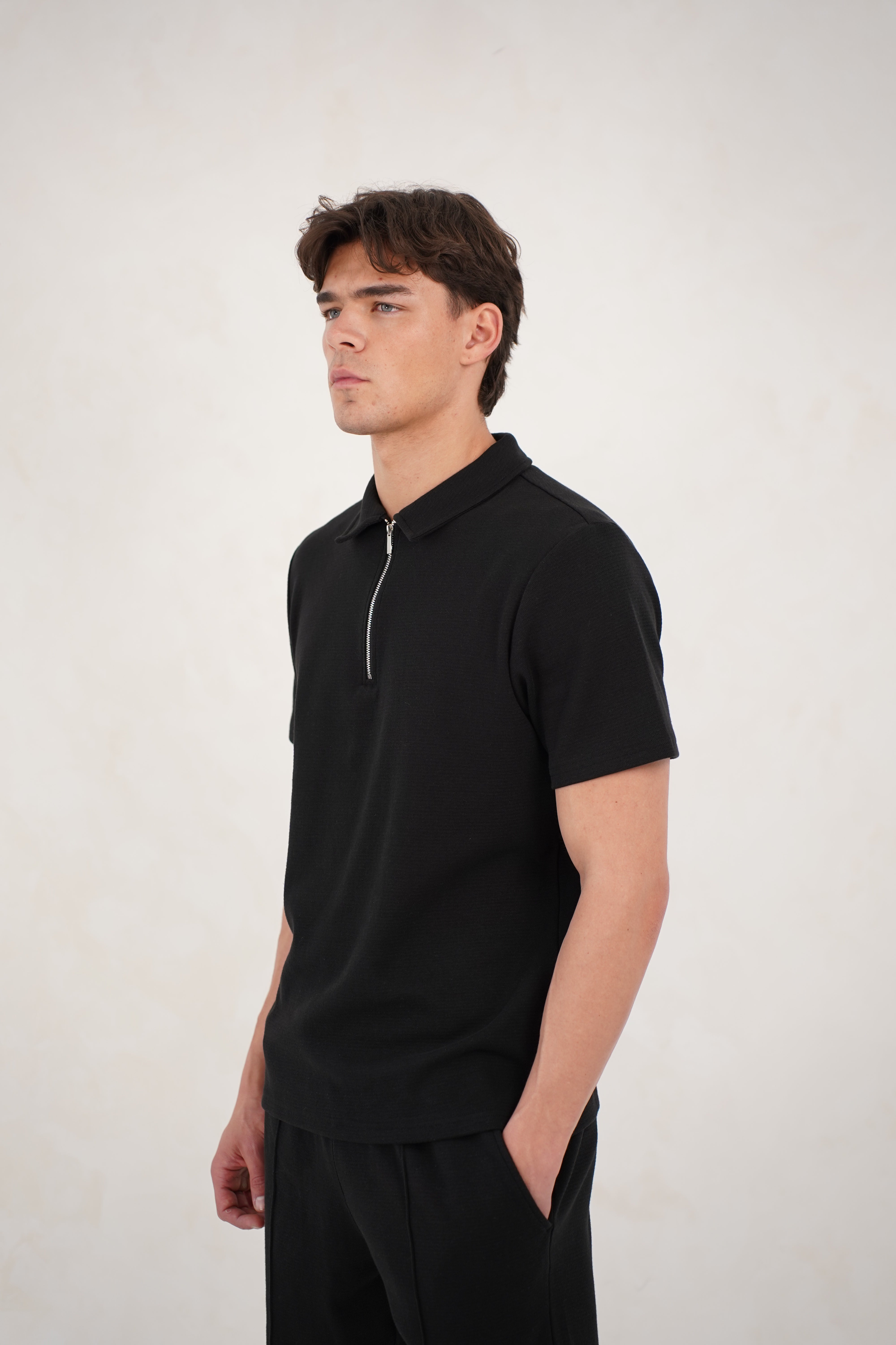 CAPO Textured Black Zip-Up Polo Shirt